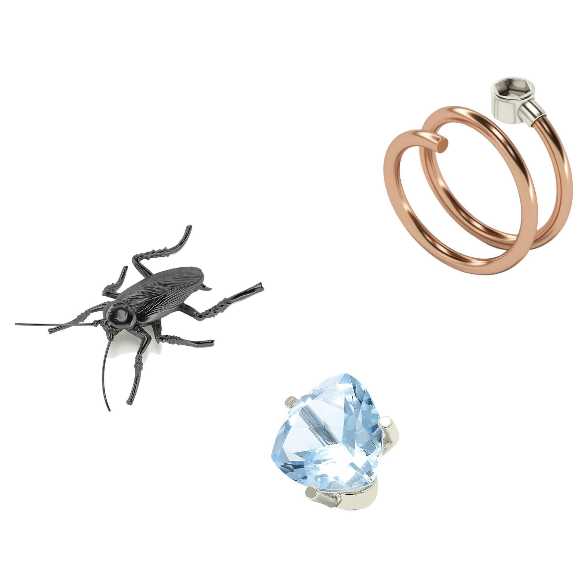 Set of Golden Ring and Blue Sky Topaz and Baby Cockroach, 18k Rose Gold