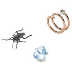 Set of Golden Ring and Blue Sky Topaz and Baby Cockroach, 18k Rose Gold