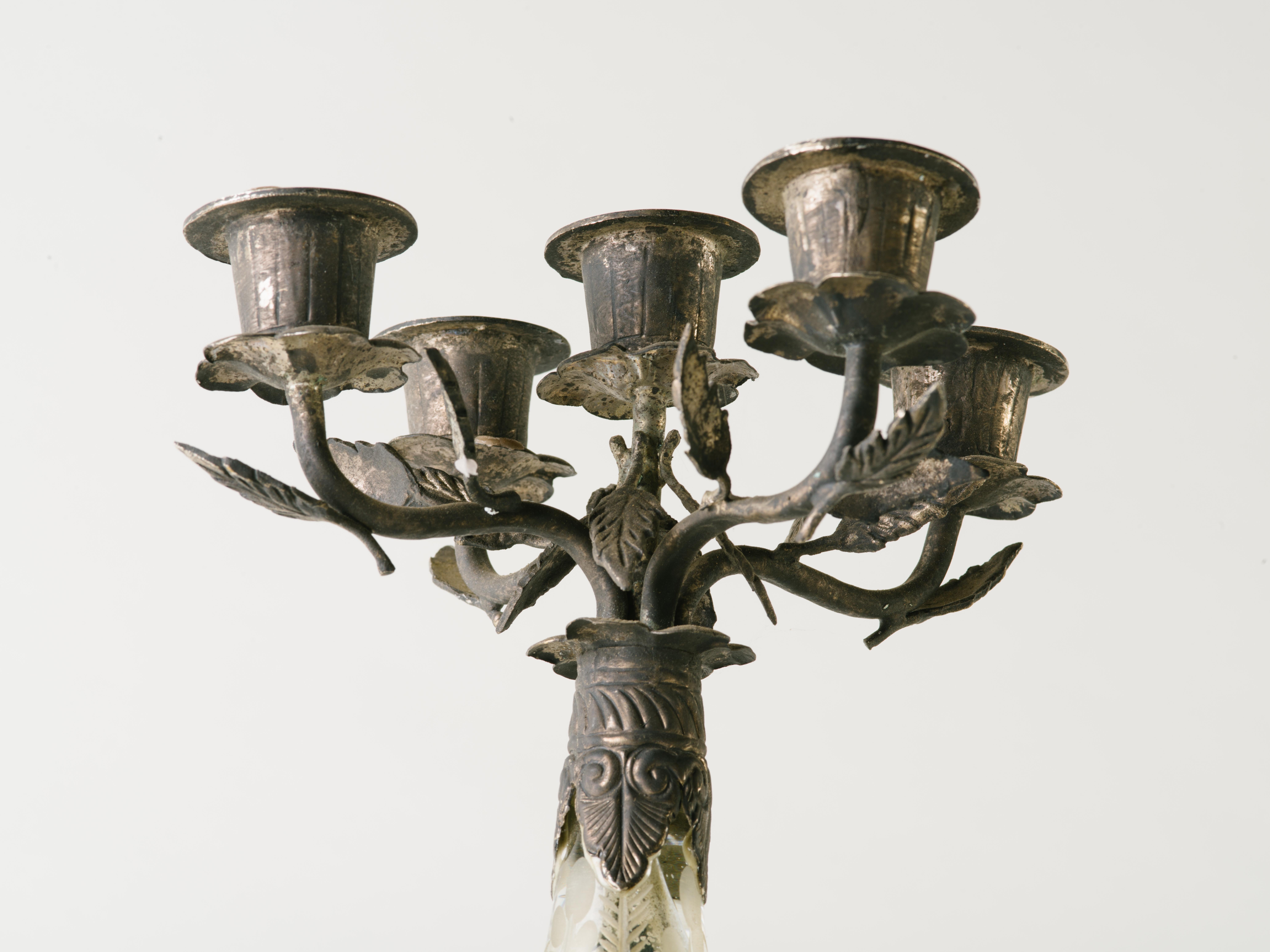 American Set of Gothic Candelabra in Etched Mercury Glass and Hand-Forged Metal