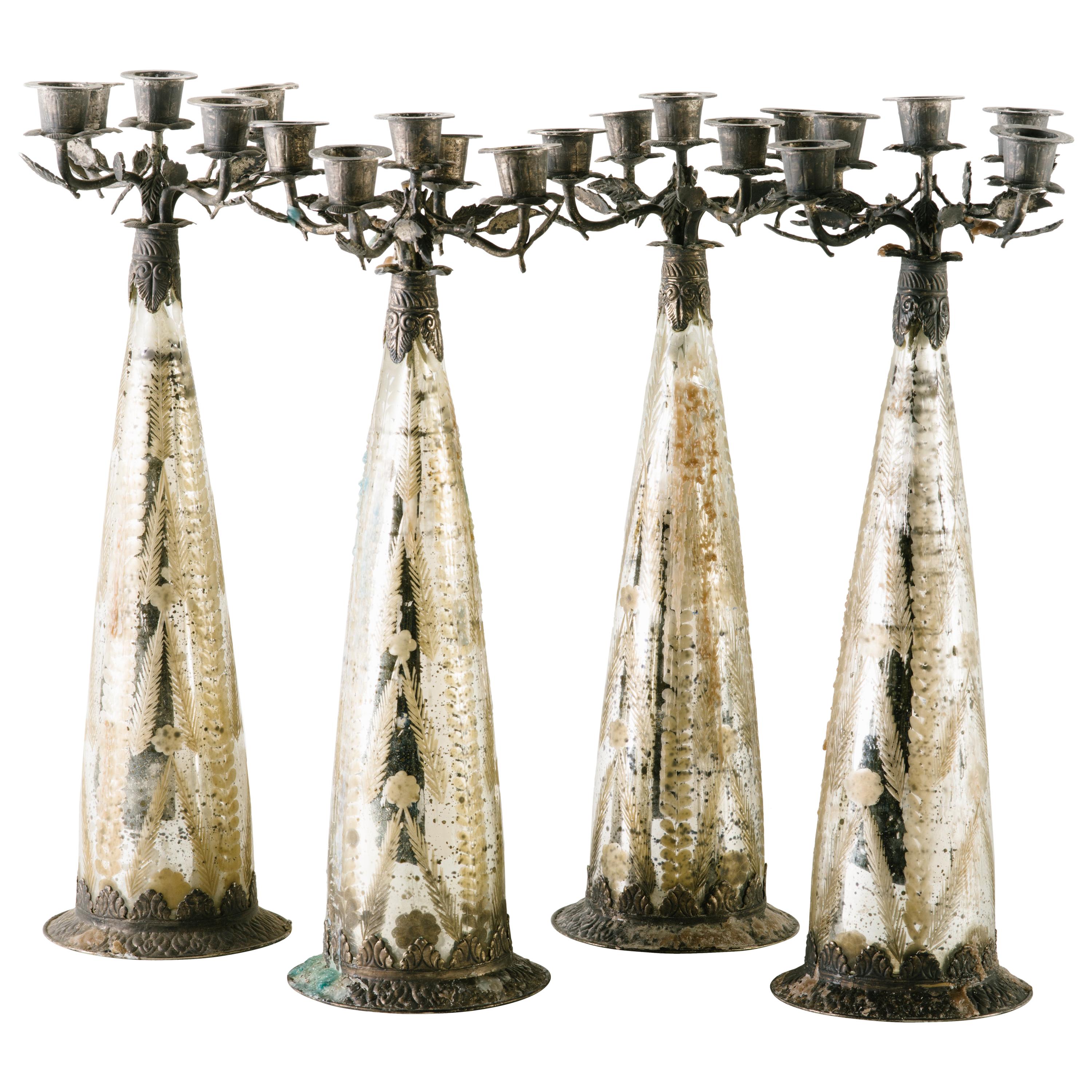 Set of Gothic Candelabra in Etched Mercury Glass and Hand-Forged Metal