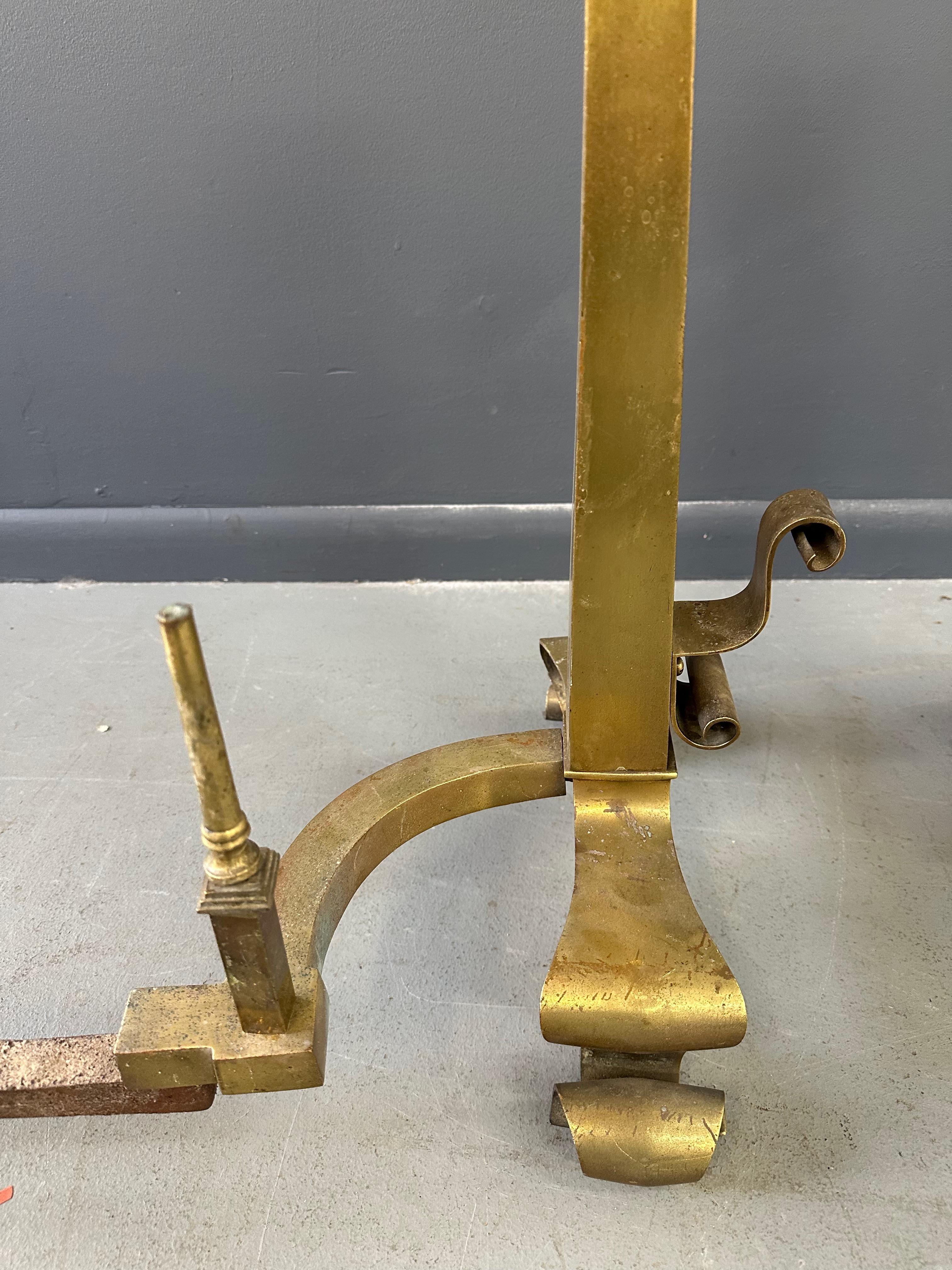 Set of Grand Antique Brass Columnar Andirons with Cannonball Finial For Sale 4