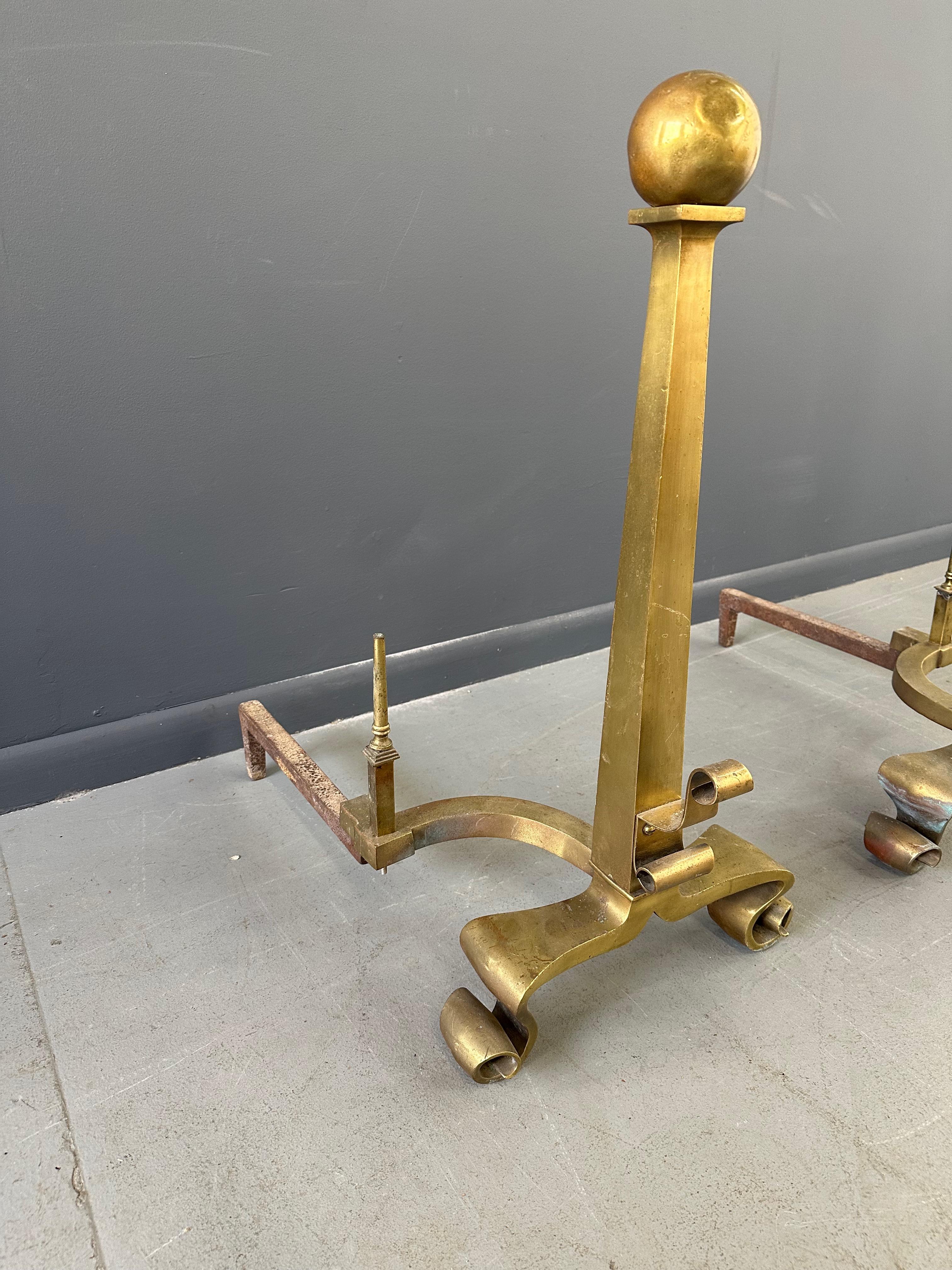 American Empire Set of Grand Antique Brass Columnar Andirons with Cannonball Finial For Sale