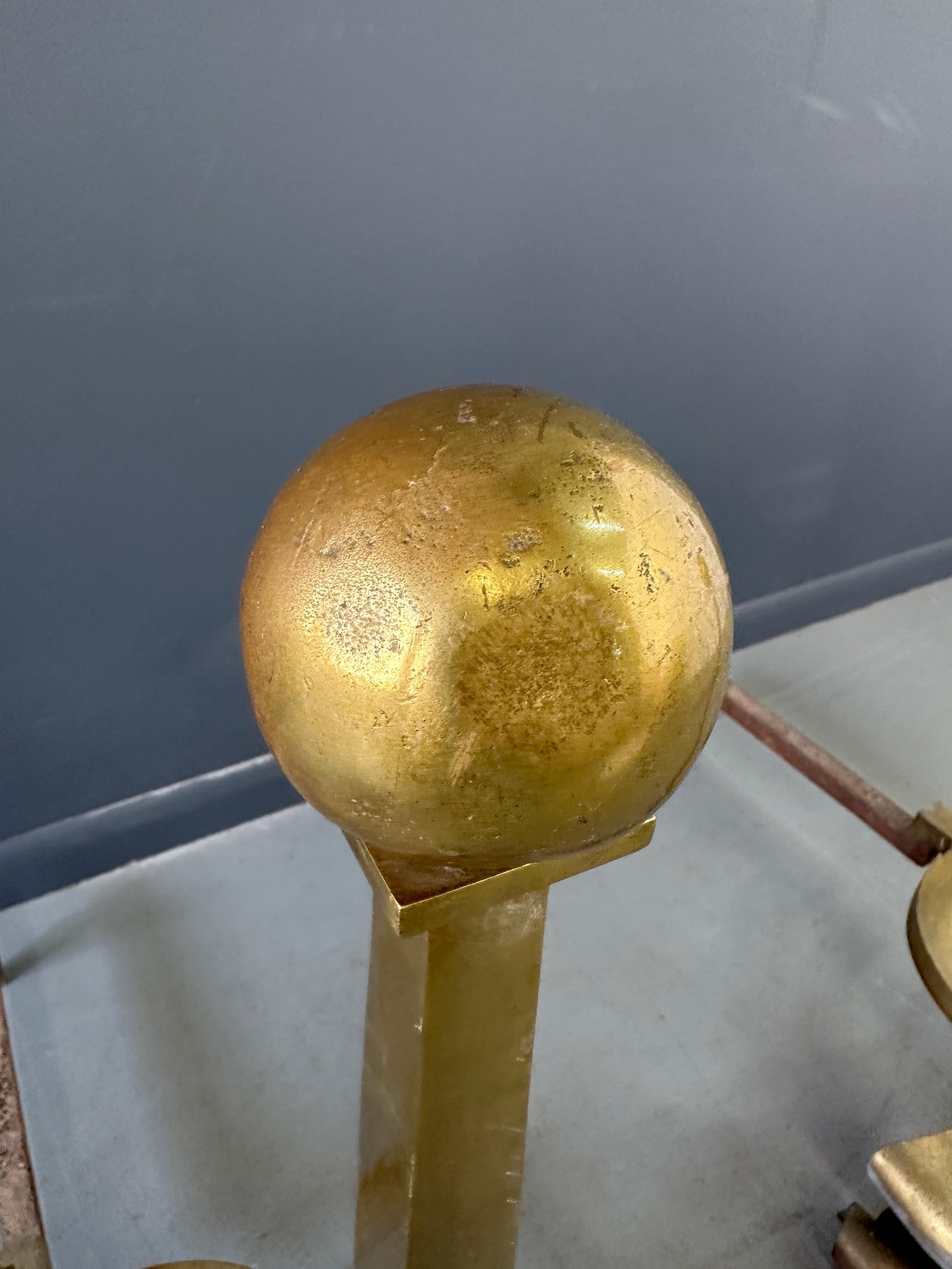 Set of Grand Antique Brass Columnar Andirons with Cannonball Finial In Good Condition For Sale In Philadelphia, PA