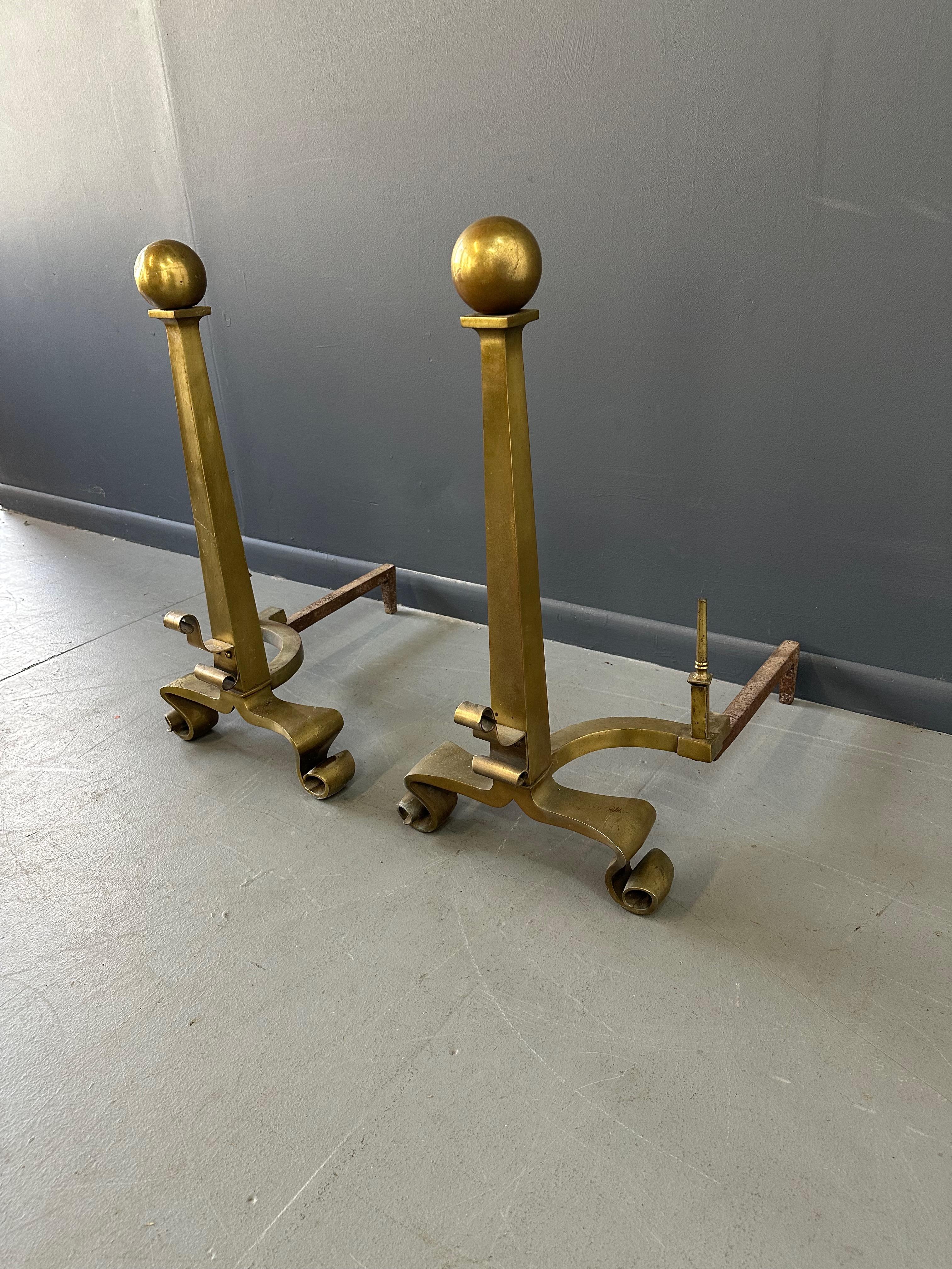 20th Century Set of Grand Antique Brass Columnar Andirons with Cannonball Finial For Sale