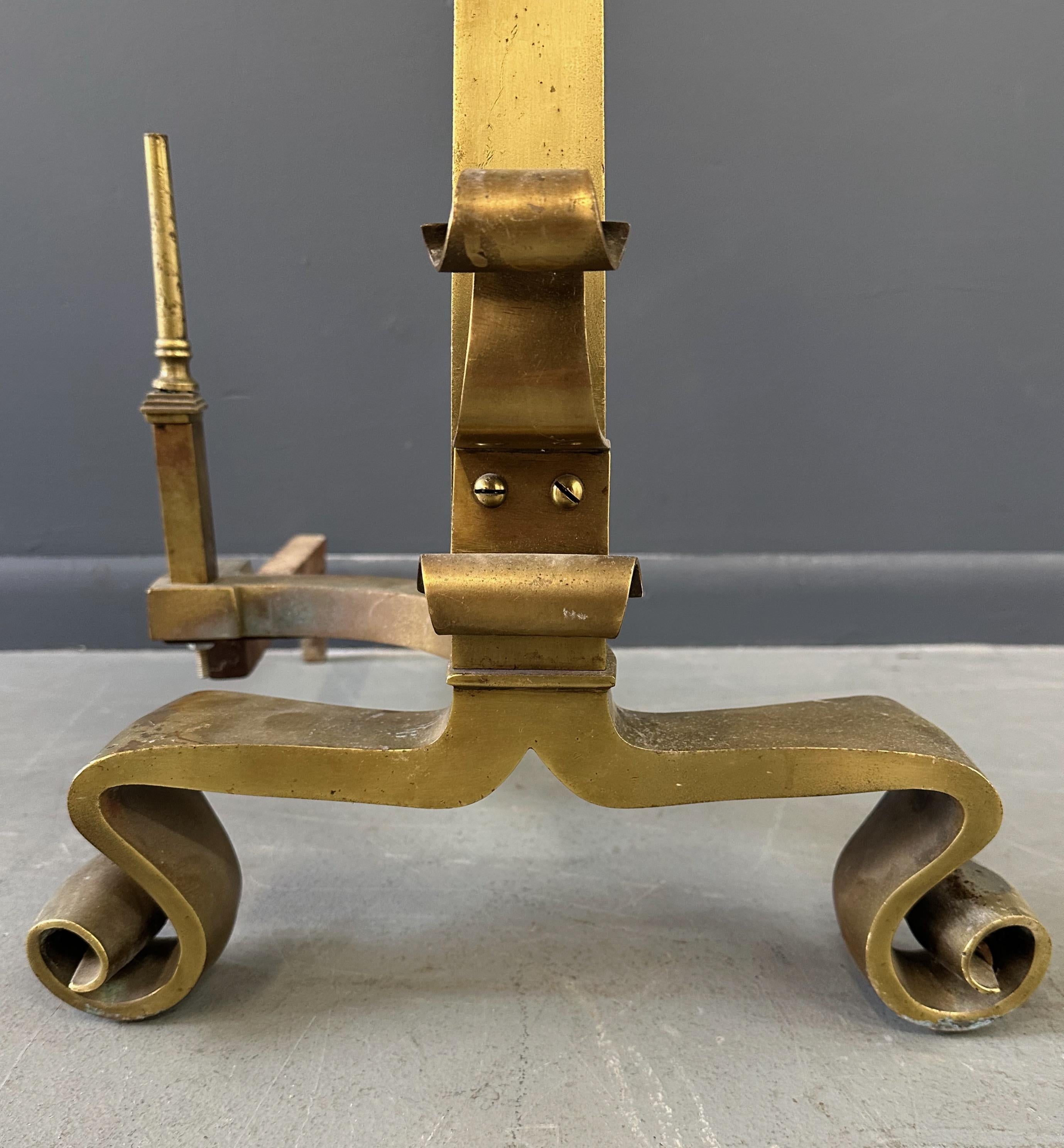 Set of Grand Antique Brass Columnar Andirons with Cannonball Finial For Sale 2