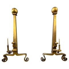 Set of Grand Antique Brass Columnar Andirons with Cannonball Finial