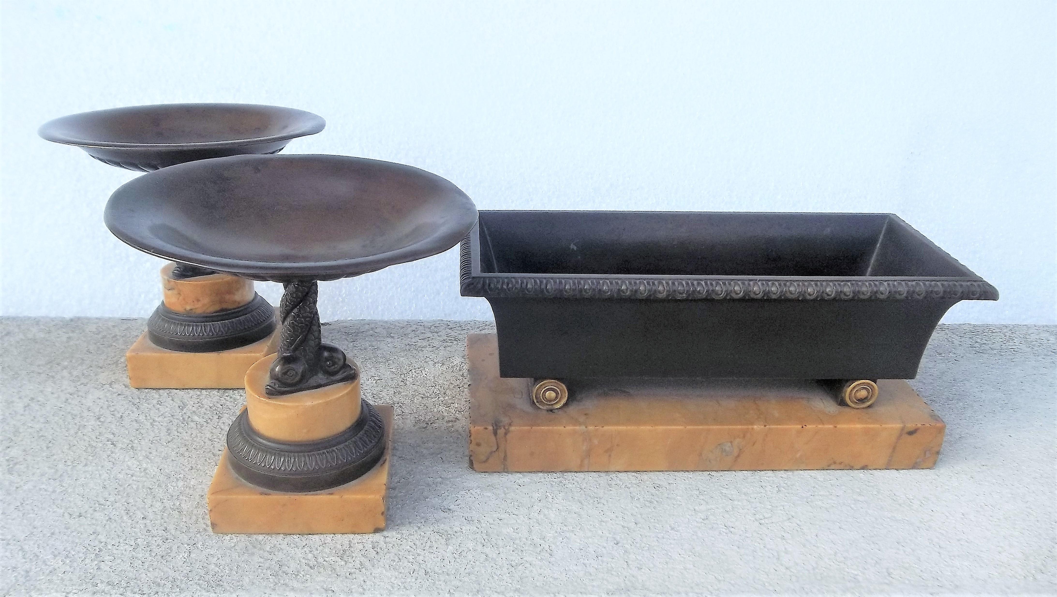 French Set of Grand Tour Empire Bronze Tazza and a Coffer on Sienna Marble Bases