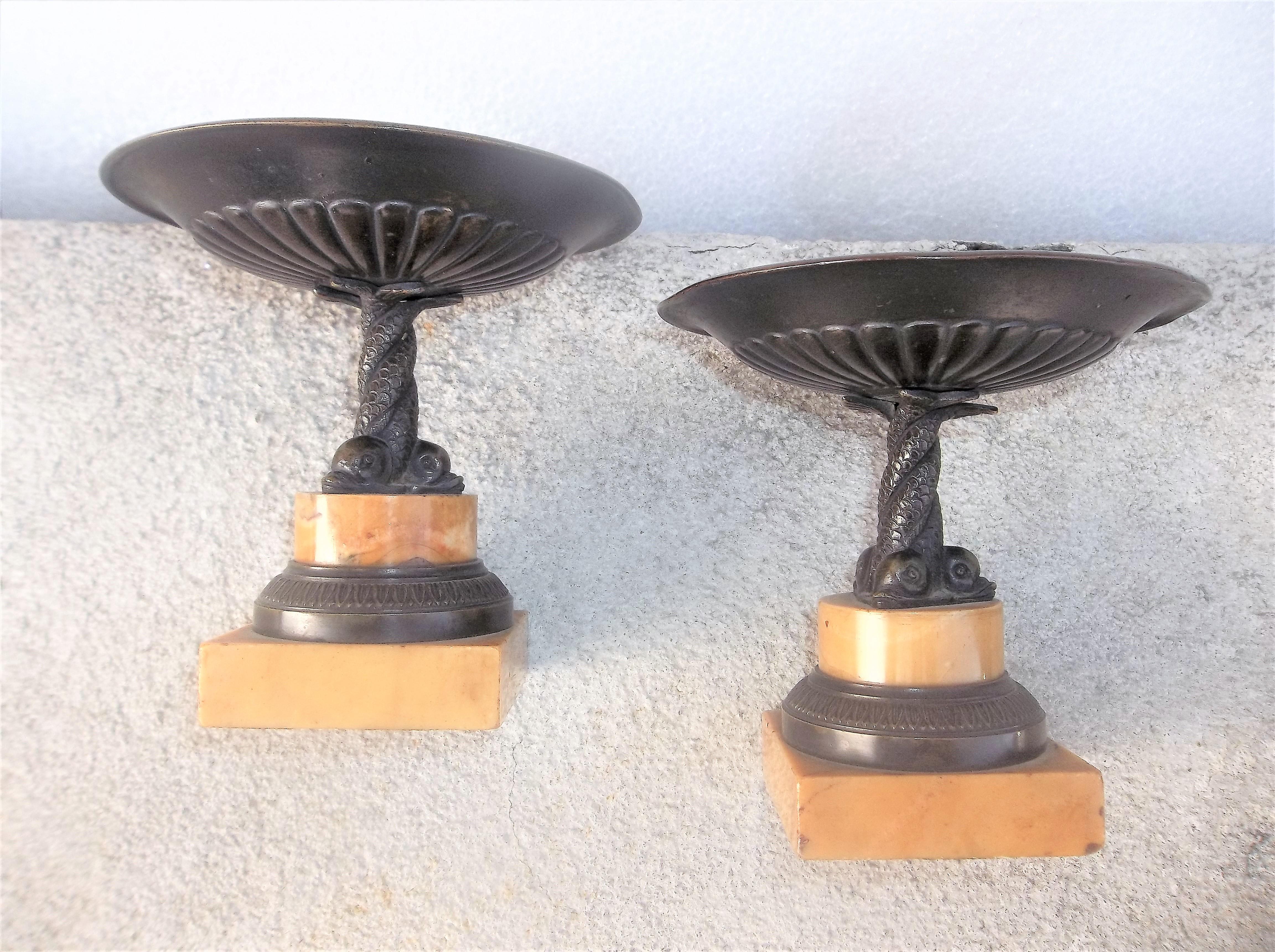19th Century Set of Grand Tour Empire Bronze Tazza and a Coffer on Sienna Marble Bases