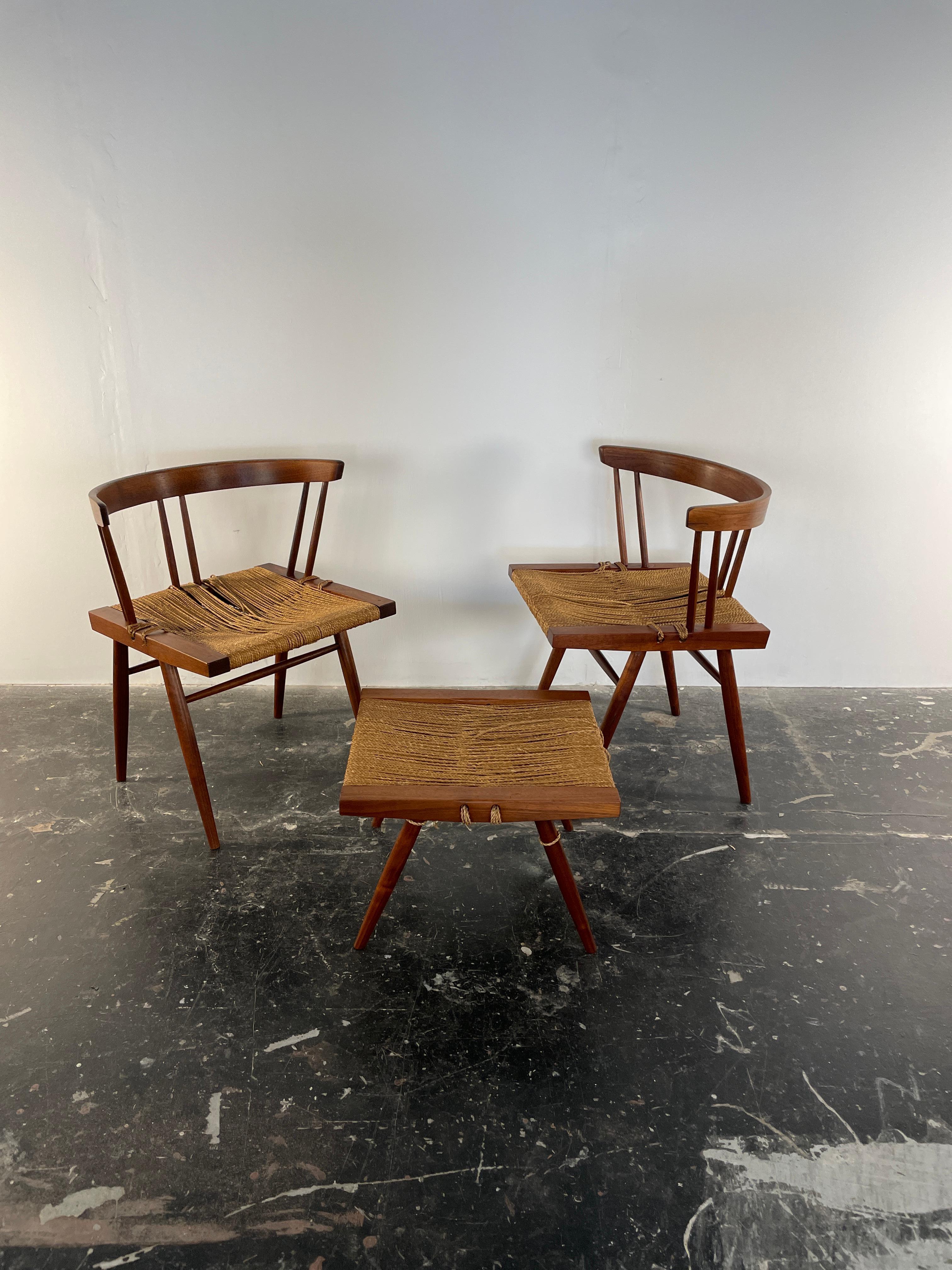 Hand-Carved Set of Grass Seated Chairs and Stool by George Nakashima, Circa 1960s