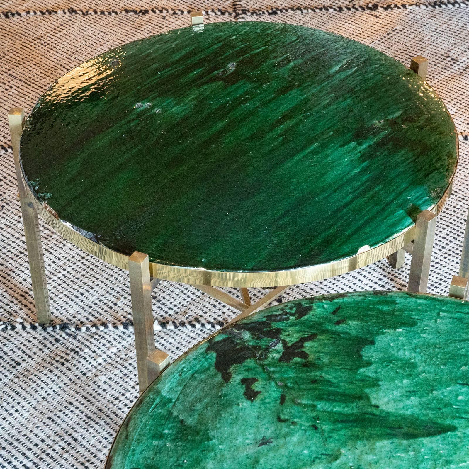 Brass Set of Green Glazed Ceramic Coffee Tables