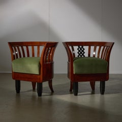 Set of Green Velvet and Wood Art Deco Armchairs