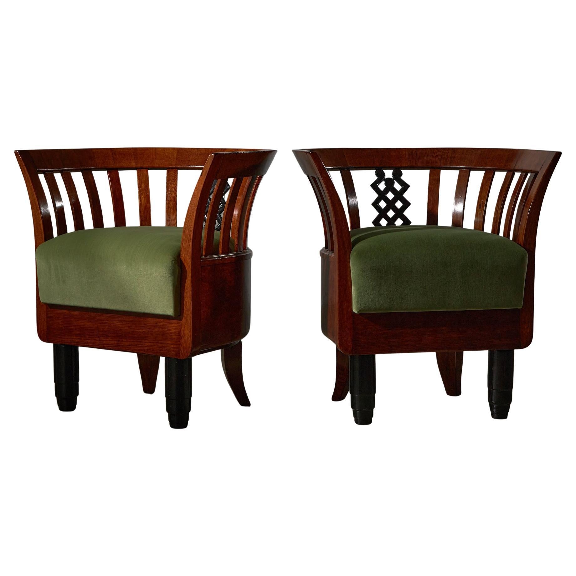 Set of Green Velvet and Wood Art Deco Armchairs For Sale