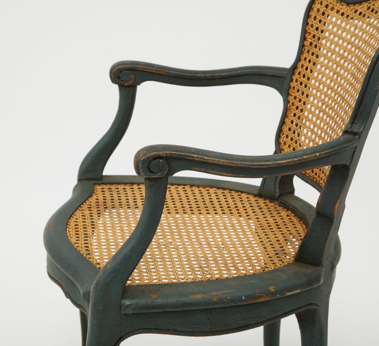 Set of Grey Green Painted Wood and Caned Modern French Provincial