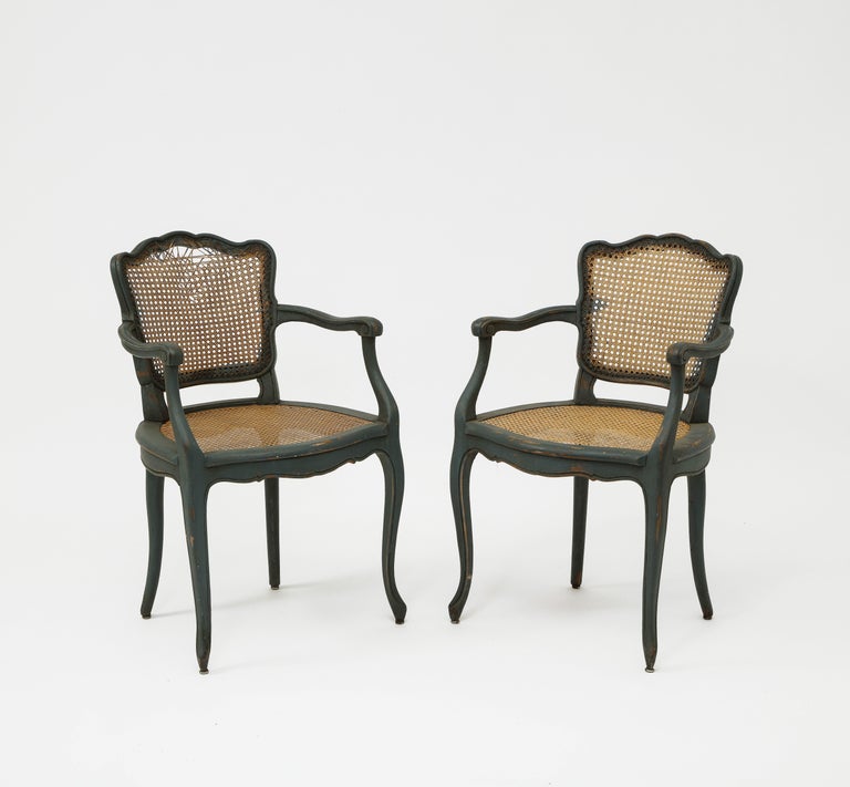Set of Grey Green Painted Wood and Caned Modern French Provincial