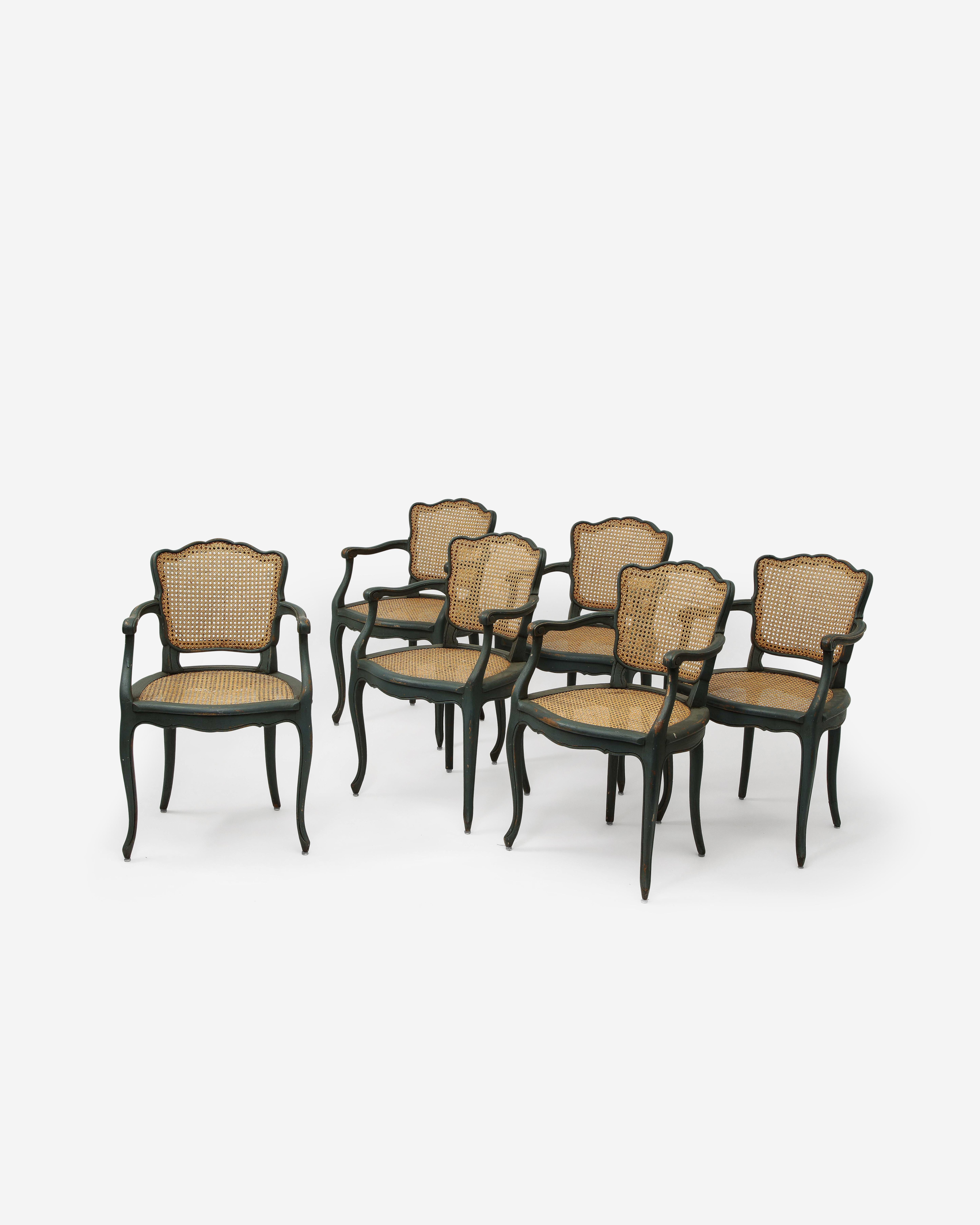 Hand-Painted Set of Grey Green Painted Wood and Caned Modern French Provincial Dining Chairs