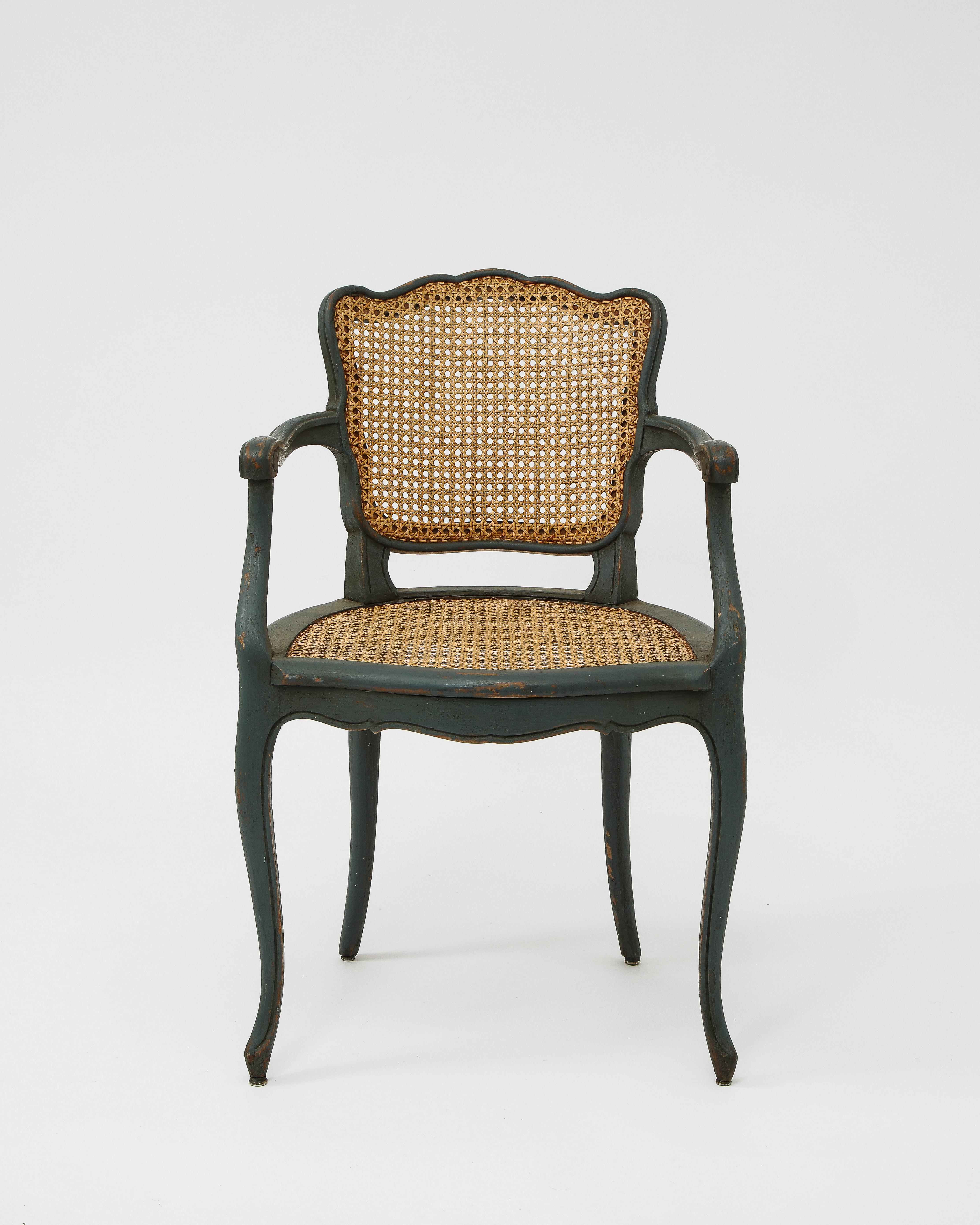 Set of Grey Green Painted Wood and Caned Modern French Provincial Dining Chairs In Fair Condition In New York, NY