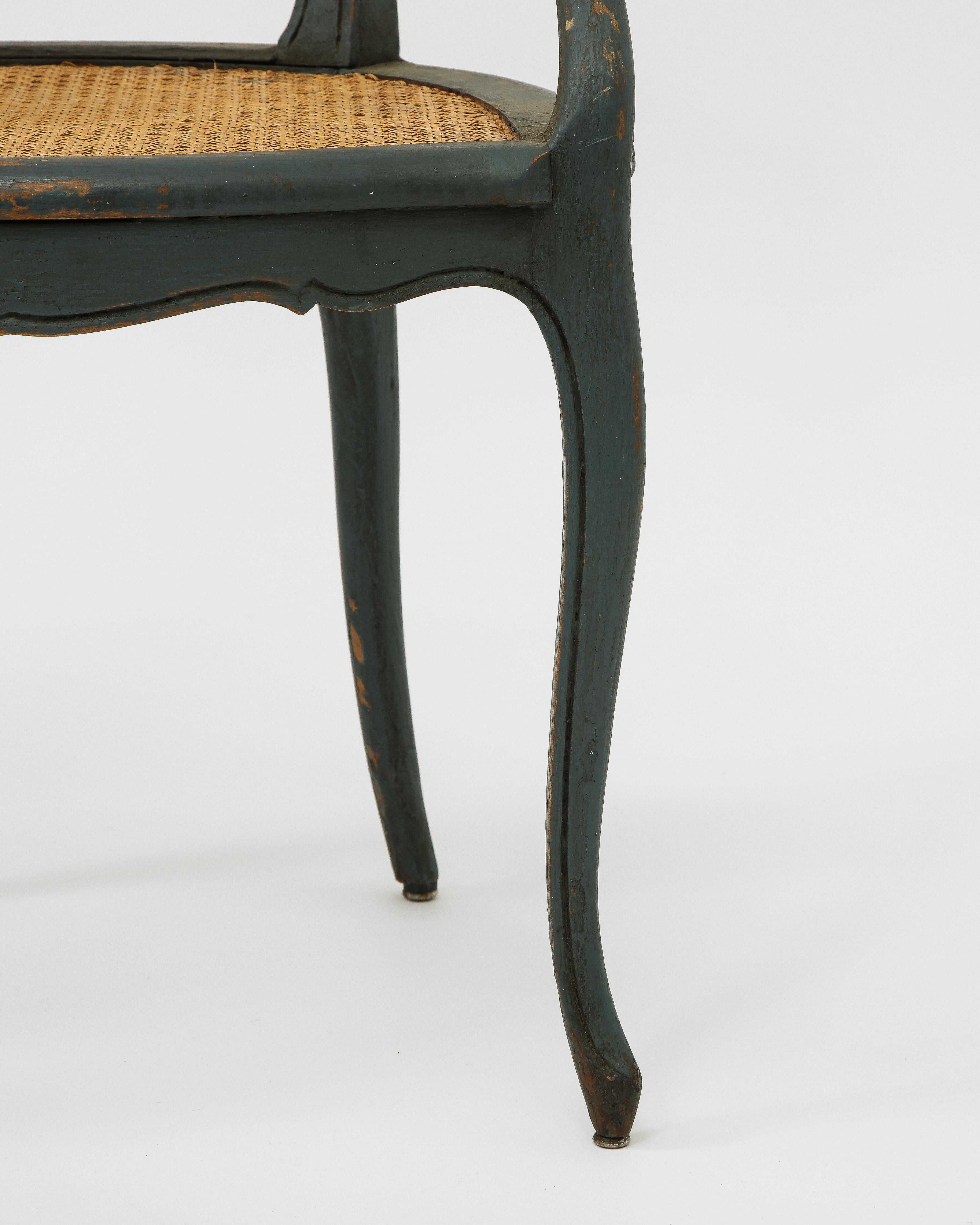 20th Century Set of Grey Green Painted Wood and Caned Modern French Provincial Dining Chairs