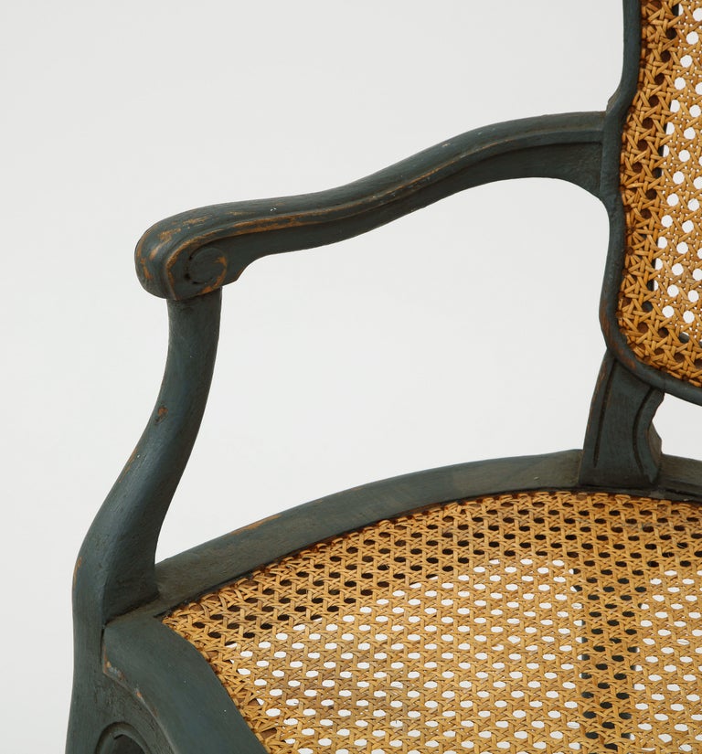 Set of Grey Green Painted Wood and Caned Modern French Provincial