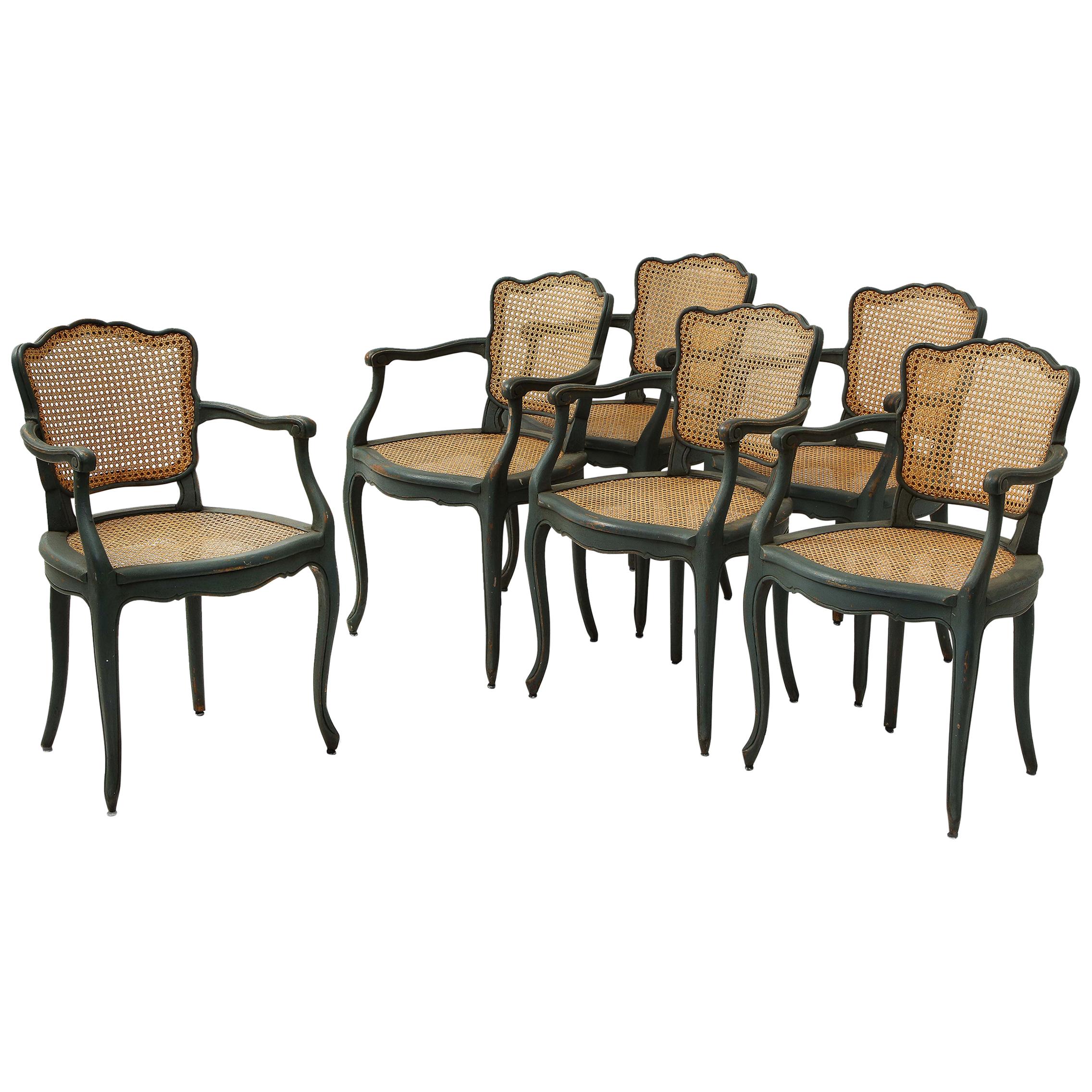Set of Grey Green Painted Wood and Caned Modern French Provincial Dining Chairs
