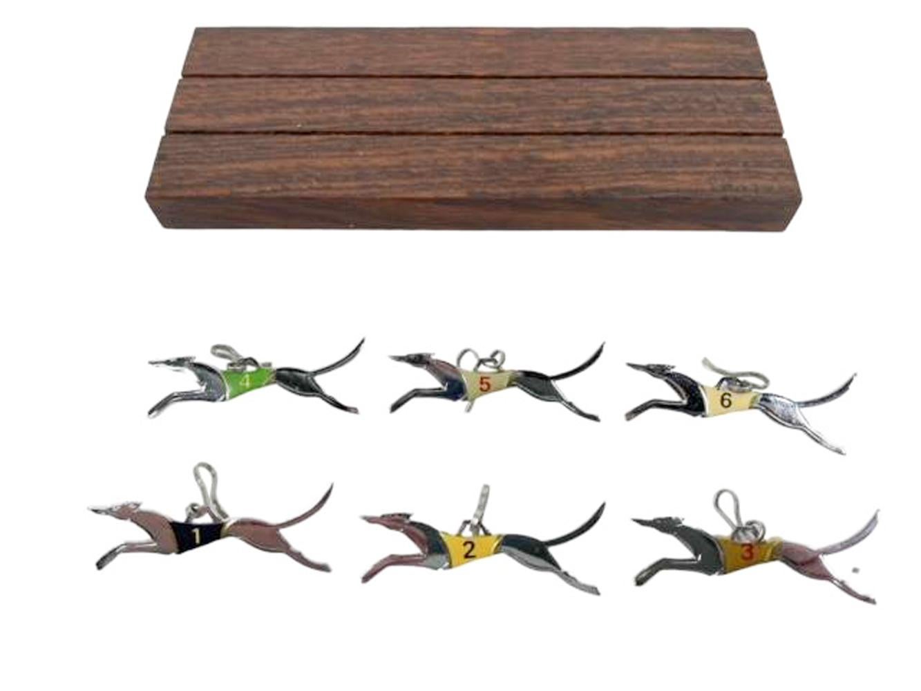 Chrome Set of Greyhound Dog Race Drinks Markers Numbered 1 - 6 in a Wooden Stand For Sale