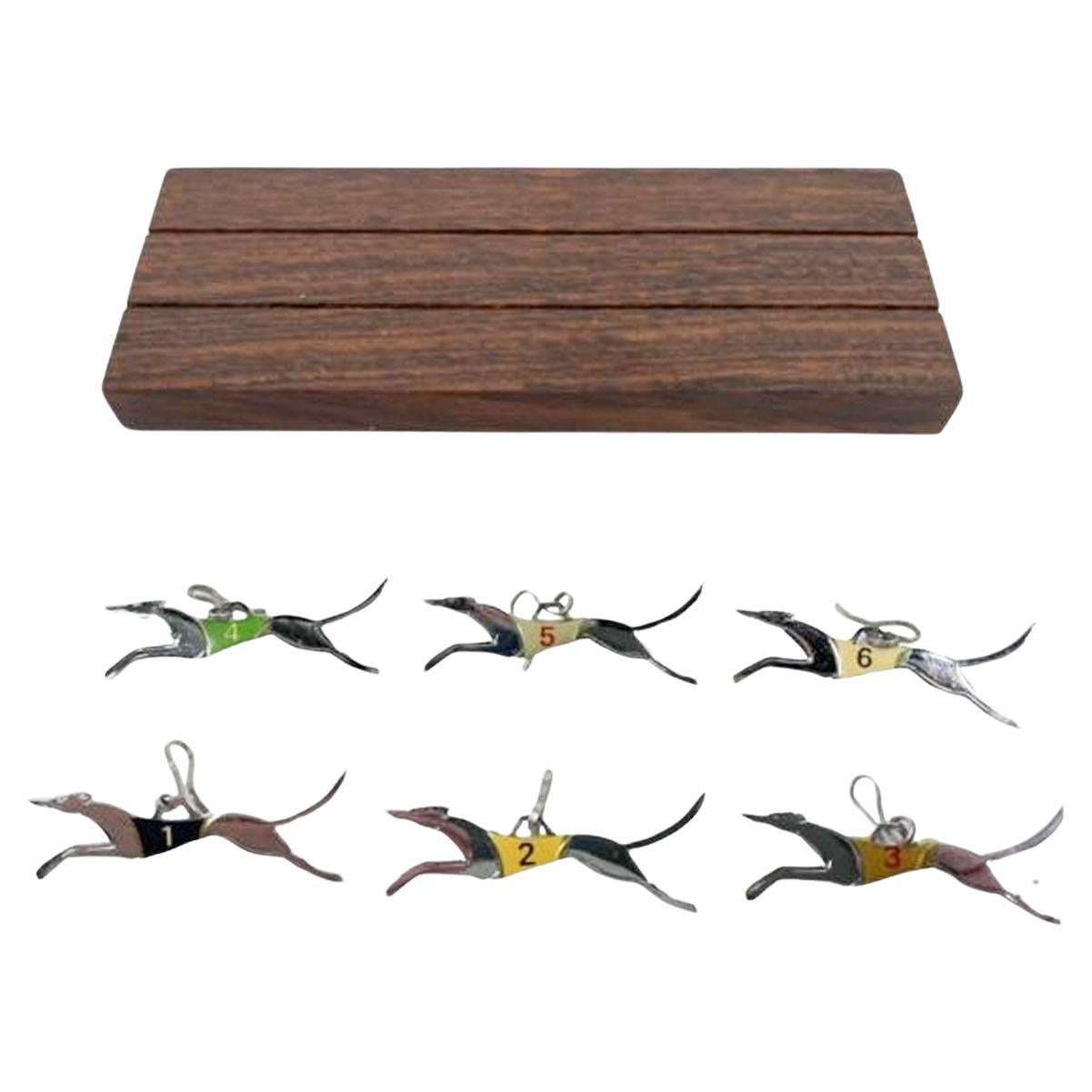Set of Greyhound Dog Race Drinks Markers Numbered 1 - 6 in a Wooden Stand For Sale