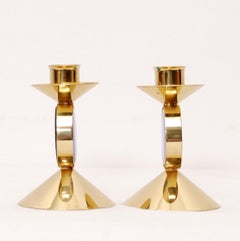 Set of Gunnar Ander Blue Glass and Brass Candleholders for Ystad Metall, Sweden