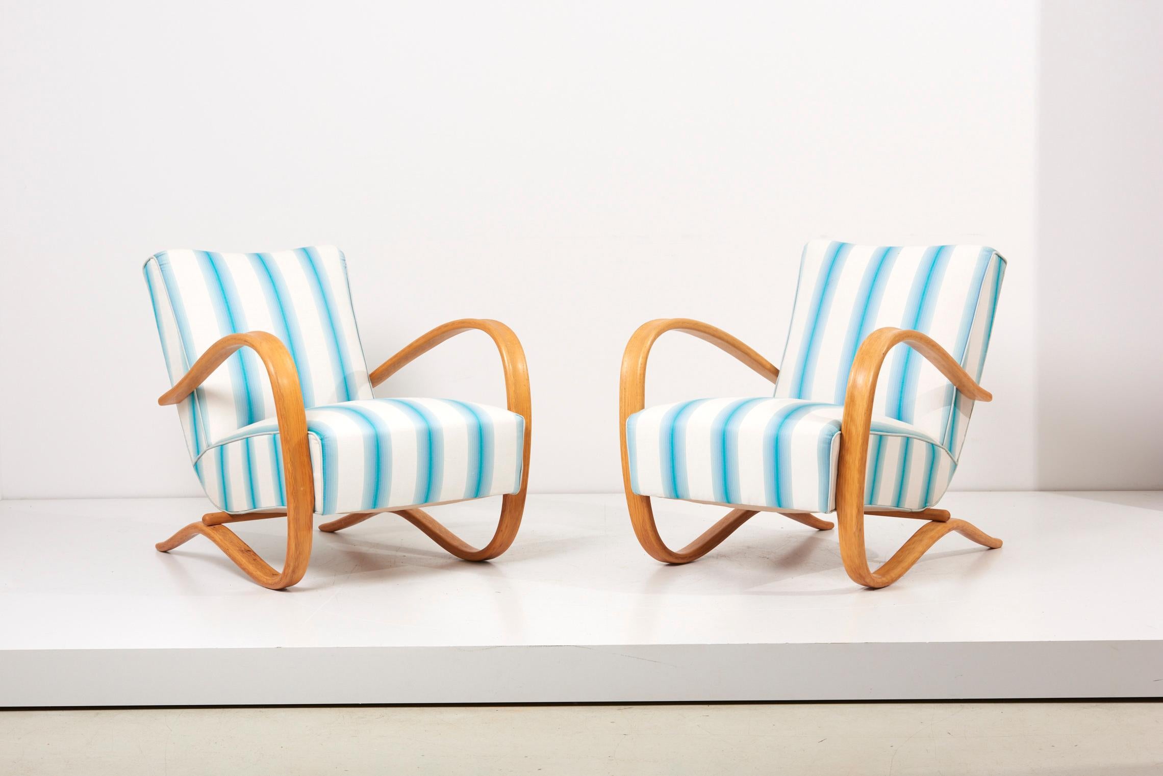 Art Deco Set of H269 Armchairs by Jindrich Halabala white and blue stripes  For Sale