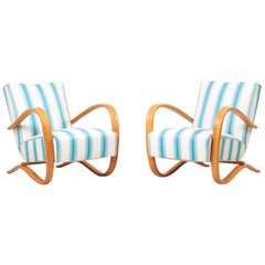 Set of H269 Armchairs by Jindrich Halabala white and blue stripes