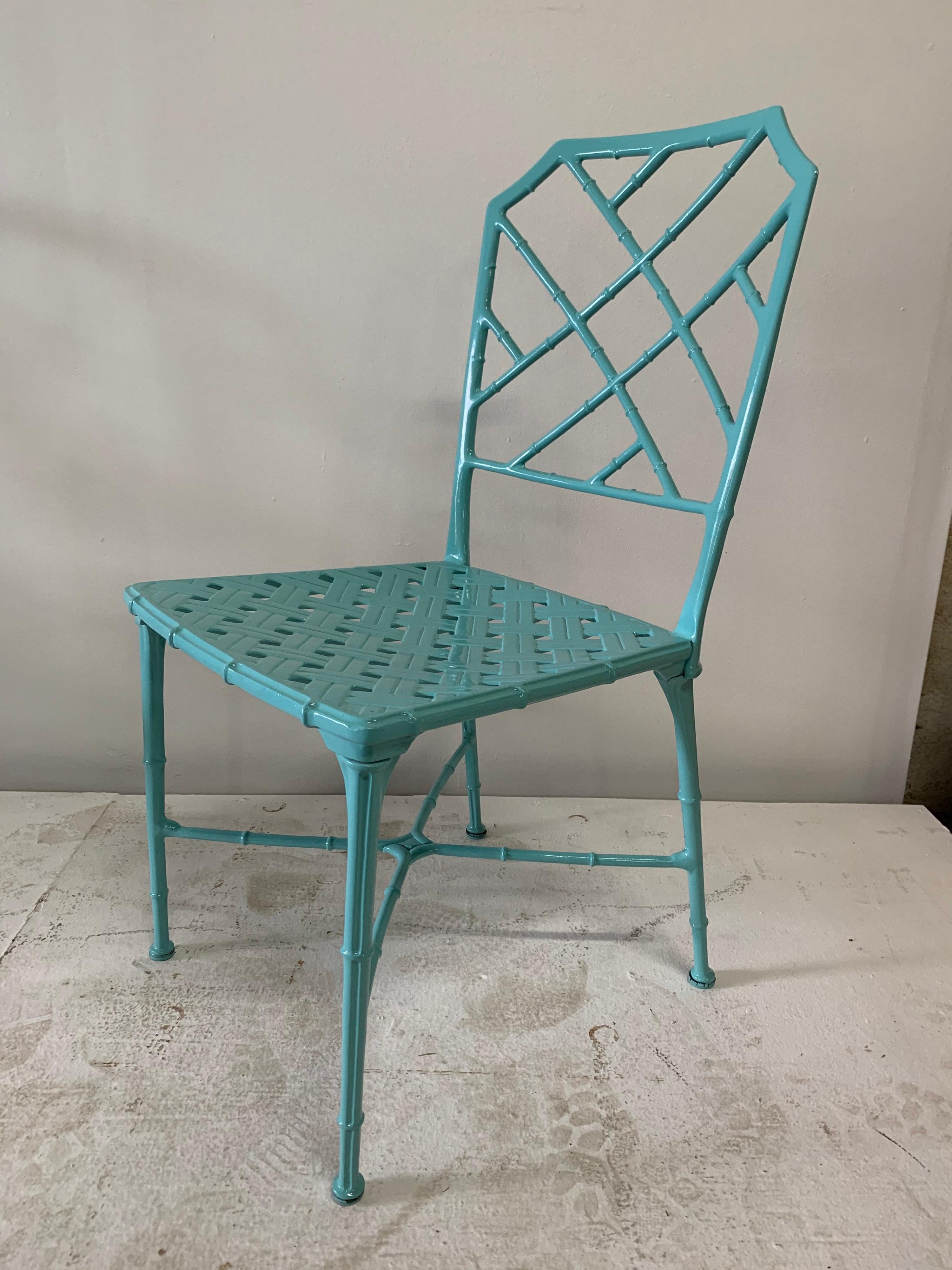 Classic set of Chinese Chippendale faux bamboo dining chairs for outdoor, garden, or patio with 3 armchairs and 3 armless chairs. Recently powder coated in tiffany blue over cast aluminum. Designed by Hall Bradley for Brown Jordan, 1967. Dimensions: