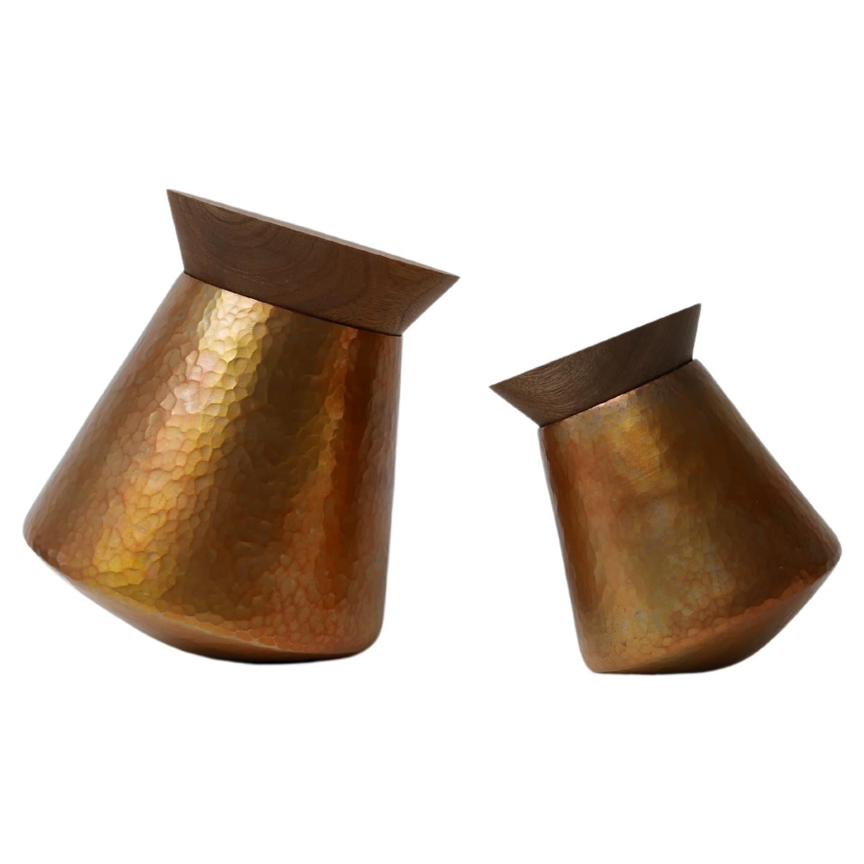 Set of Hammered Copper Containers with Brass Finish and Rosamorada Wood Lid