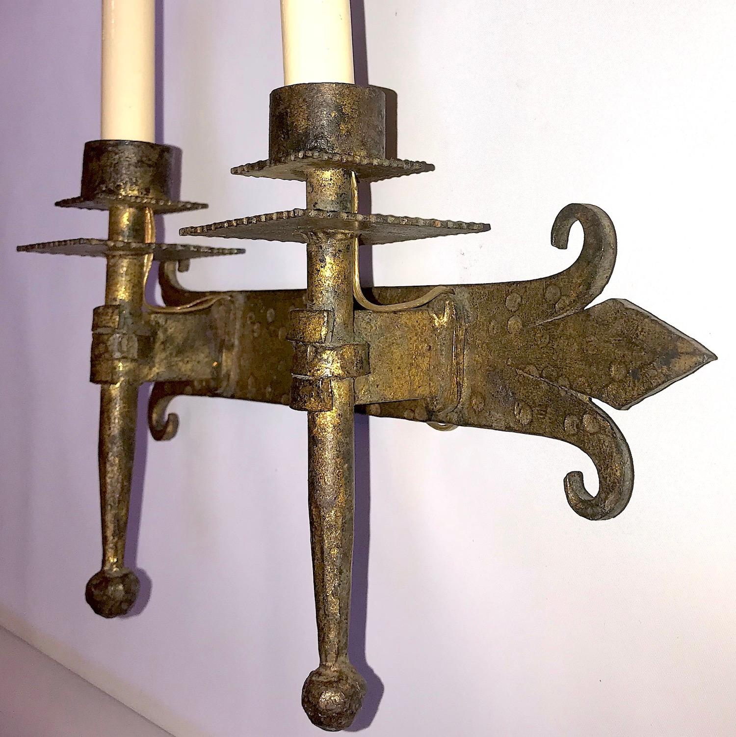 Mid-20th Century Set of Hammered Wrought Iron Sconces For Sale