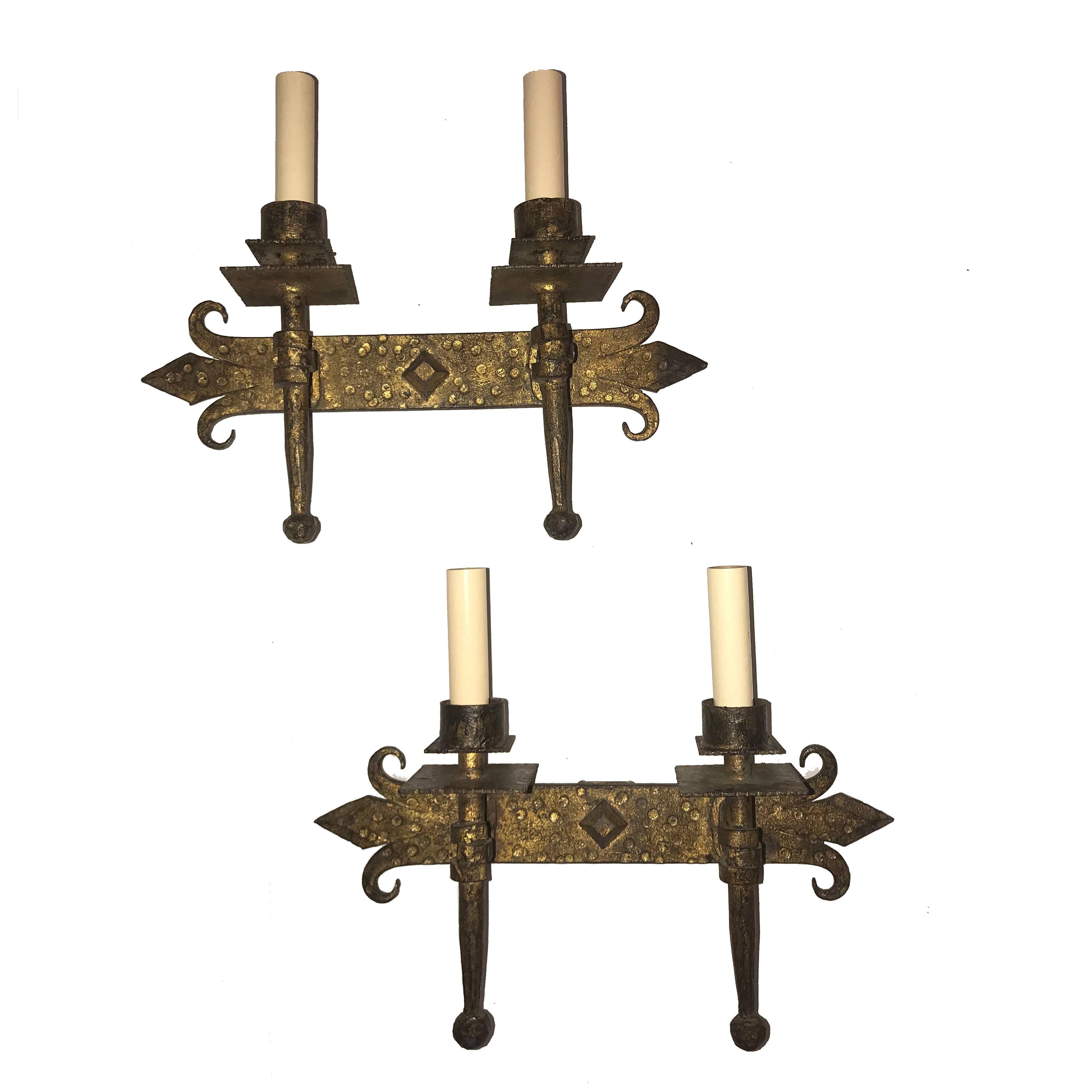 Set of Hammered Wrought Iron Sconces