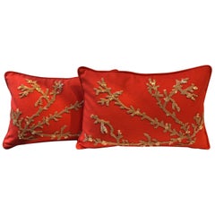 Set of Hand Embroidered Coral Cushions on Linen Color Coral Red Set of Hand Embroidered Coral Cushions on Linen Color Coral Red