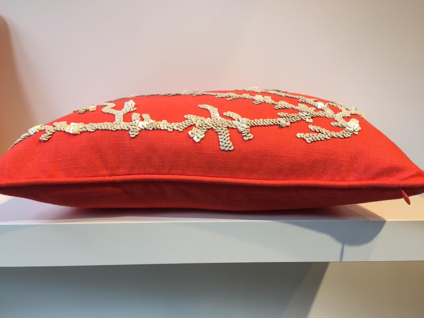 Modern Set of Hand Embroidered Coral Cushions on Linen Color Coral Red