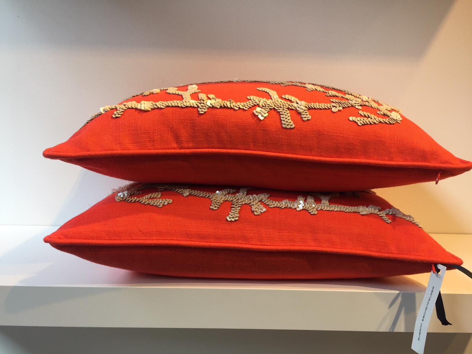 Contemporary Set of Hand Embroidered Coral Cushions on Linen Color Coral Red