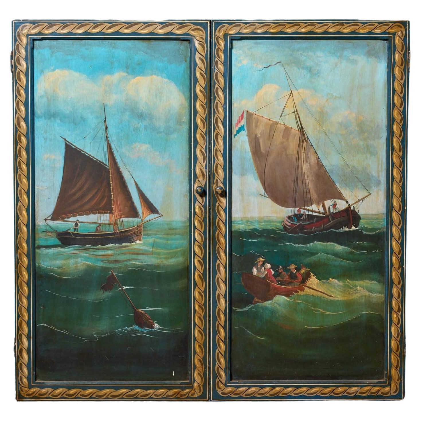 Set handbemalter Schranktüren mit einer maritimen Szene, die eine maritime Szene darstellt
