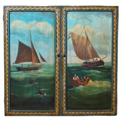 Vintage Set of Hand Painted Cupboard Doors Depicting A Maritime Scene