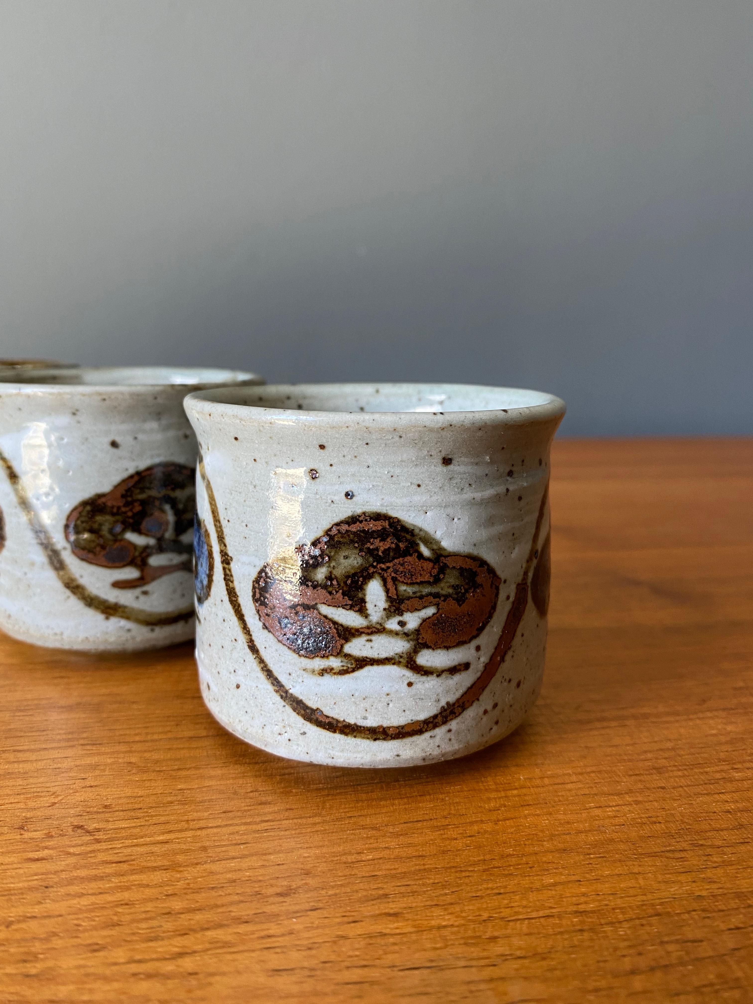 Hand-Painted Set Of Hand Painted Pottery Tea Cups For Sale