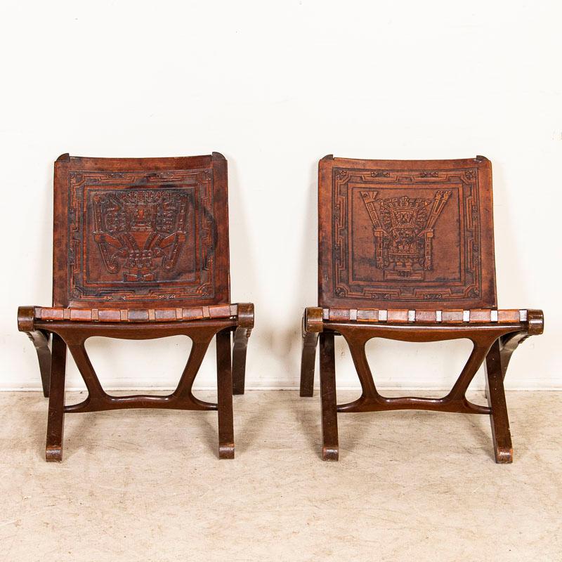 Spanish Set of Hand-Tooled Vintage Leather Chairs and Coffee Table from Spain
