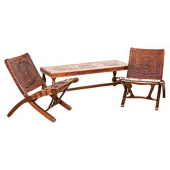 Set of Hand-Tooled Vintage Leather Chairs and Coffee Table from Spain