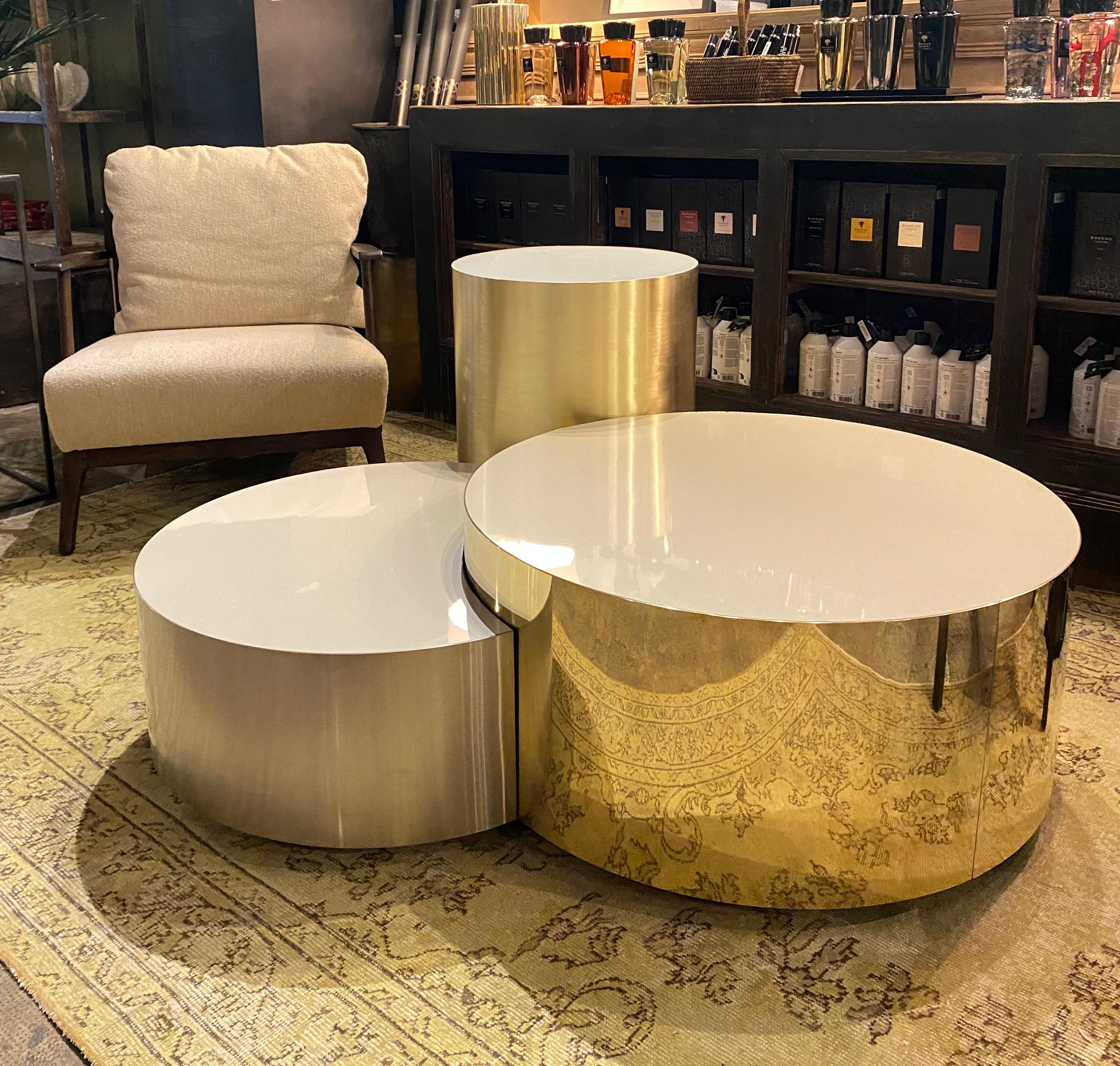 Modern Set of Two Side Tables, Moon Shapes, Brass & HighGloss Laminate, Handcrafted - M For Sale