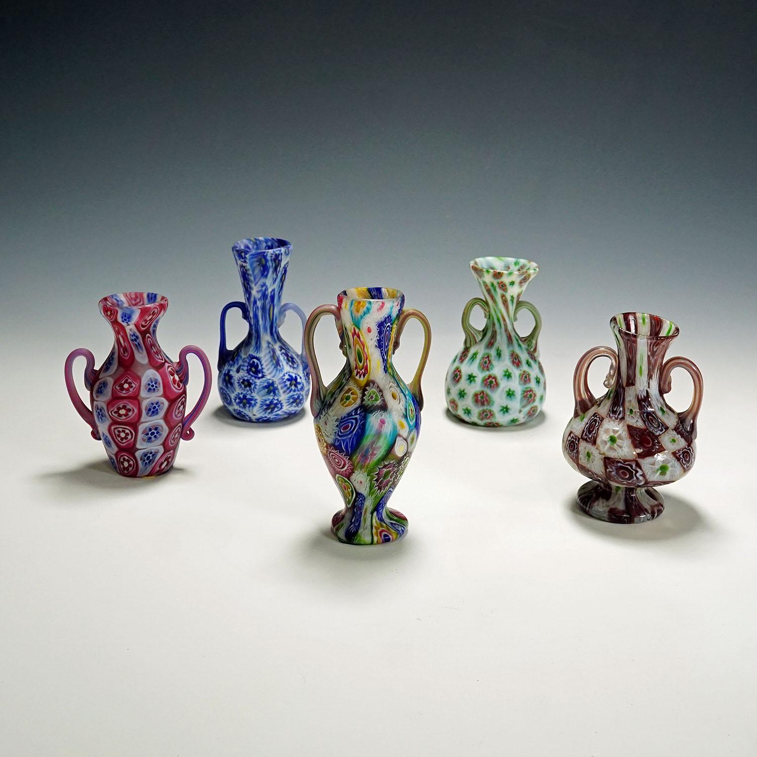 Set of Handeled Millefiori Vases by Fratelli Toso, Murano circa 1910

A set of five millefiore murrine glass vases, manufactured by Vetreria Fratelli Toso around 1910-20.  All vases feature two handles and are executed with polychrome multicoloured