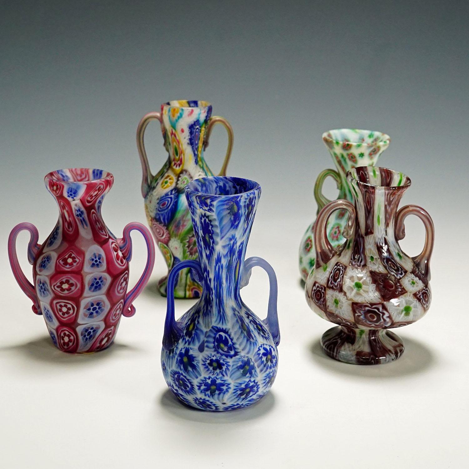 Mid-Century Modern Set of Handeled Millefiori Vases by Fratelli Toso, Murano circa 1910 For Sale