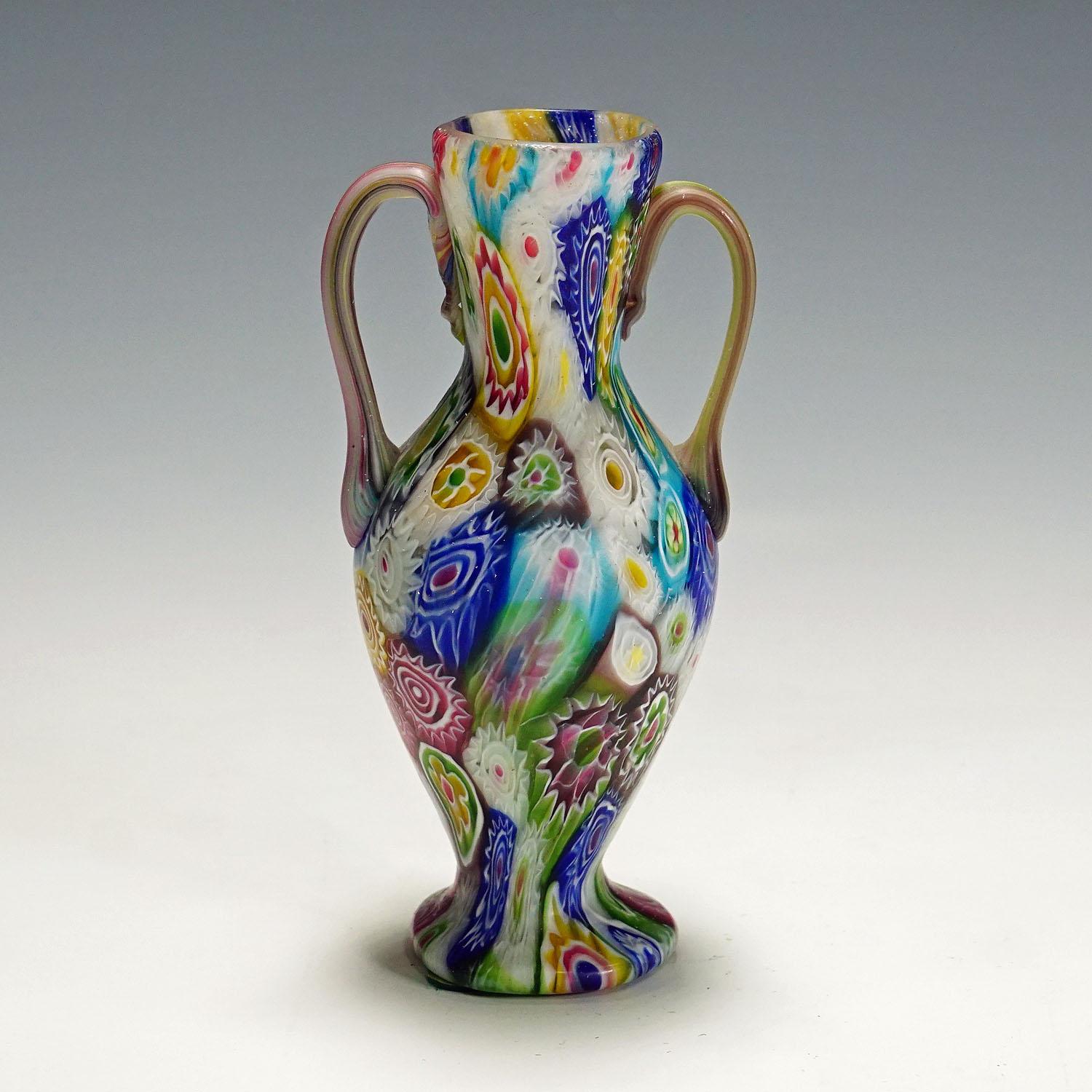 Art Glass Set of Handeled Millefiori Vases by Fratelli Toso, Murano circa 1910 For Sale