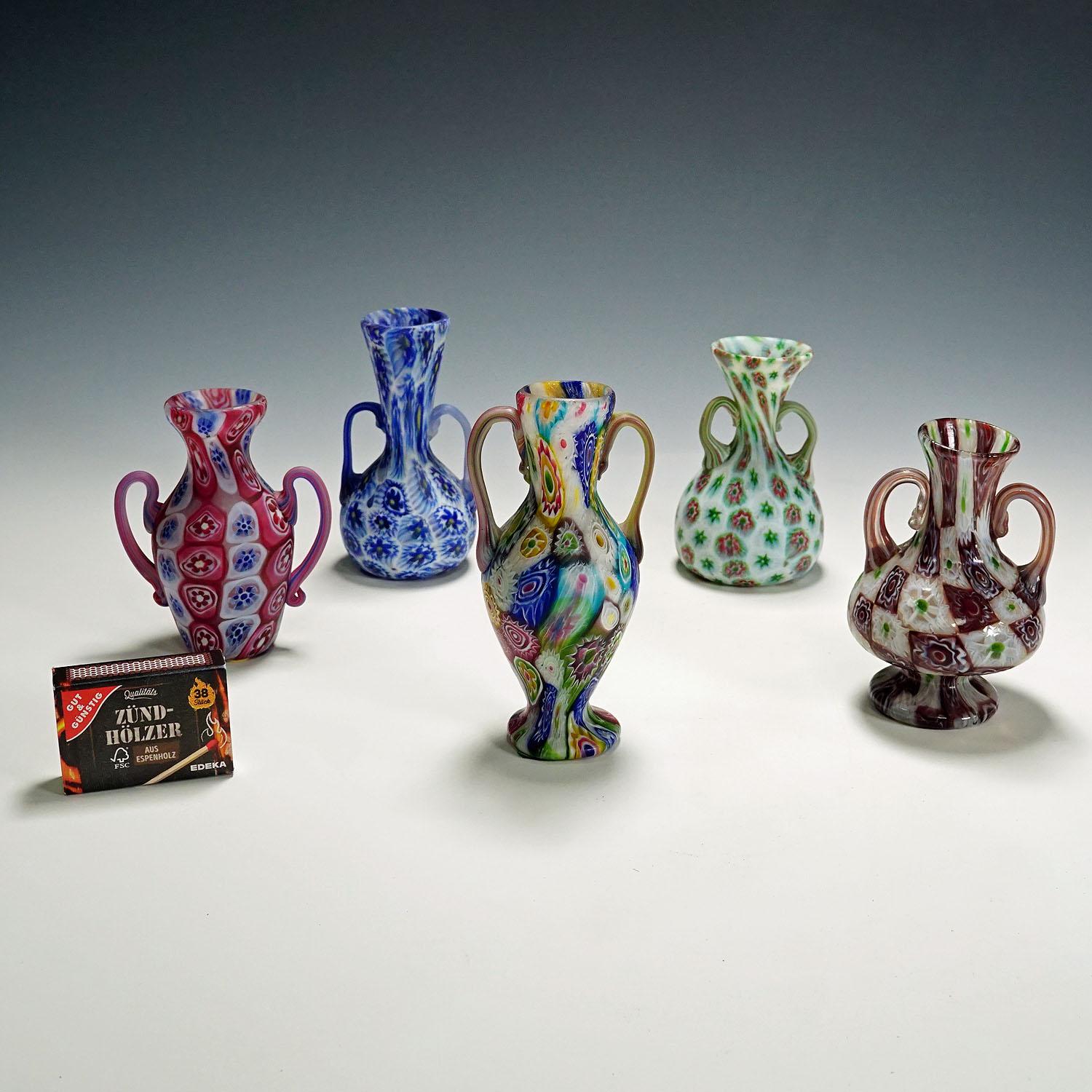 Set of Handeled Millefiori Vases by Fratelli Toso, Murano circa 1910 For Sale 2