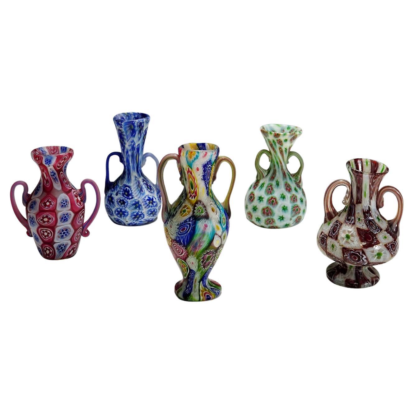 Satz handgefertigter Millefiori-Vasen von Fratelli Toso, Murano um 1910