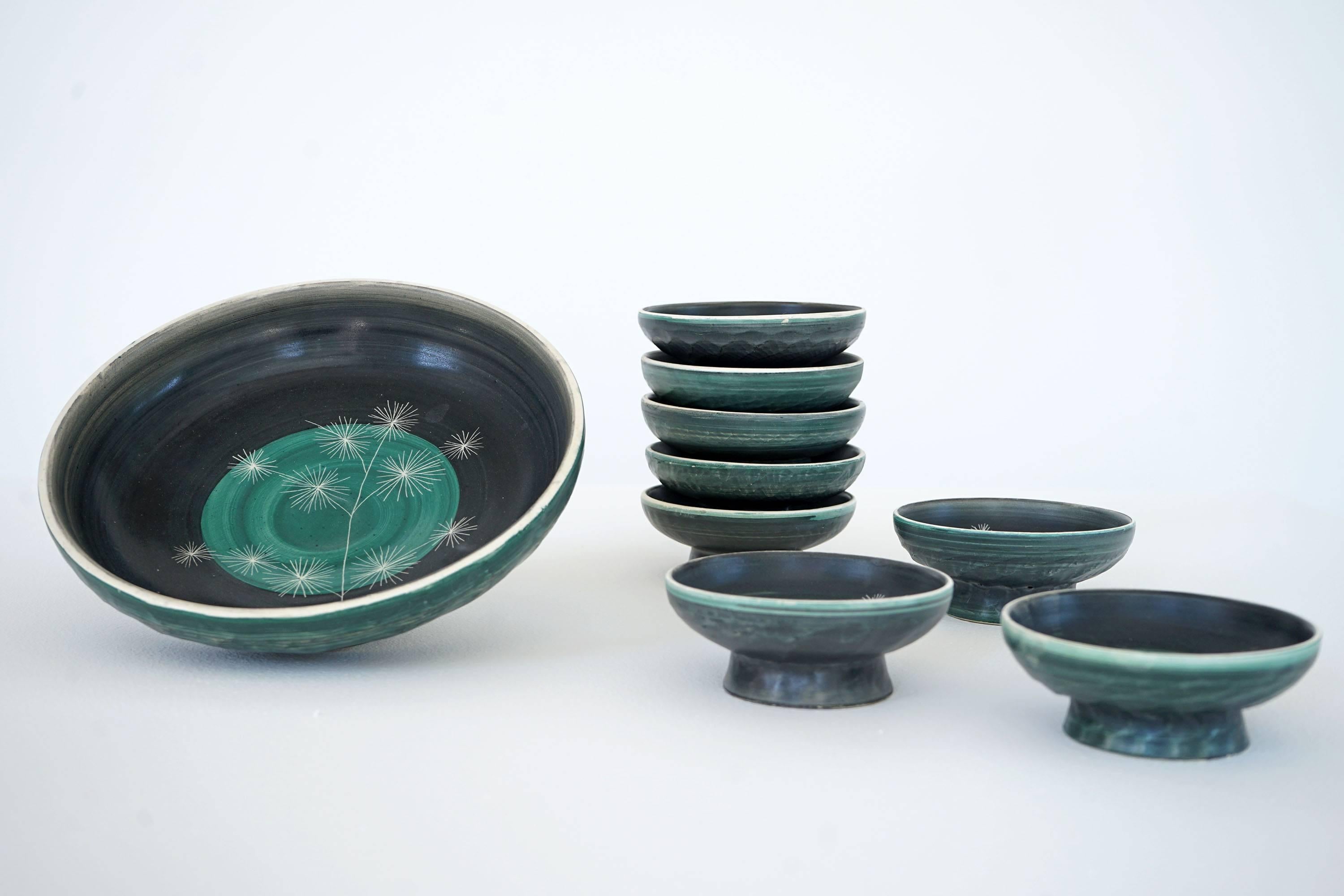 Mid-20th Century Set of Handmade Ceramic Bowls by Tapis Vert in Vallauris, 1950s For Sale