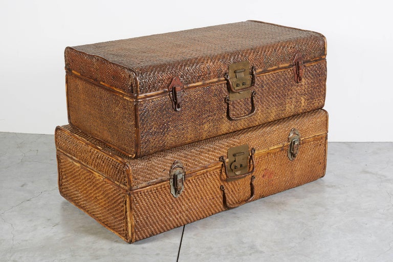 Set of Handmade Rattan Suitcases with Perfectly Finished Wooden Interiors For Sale at 1stdibs
