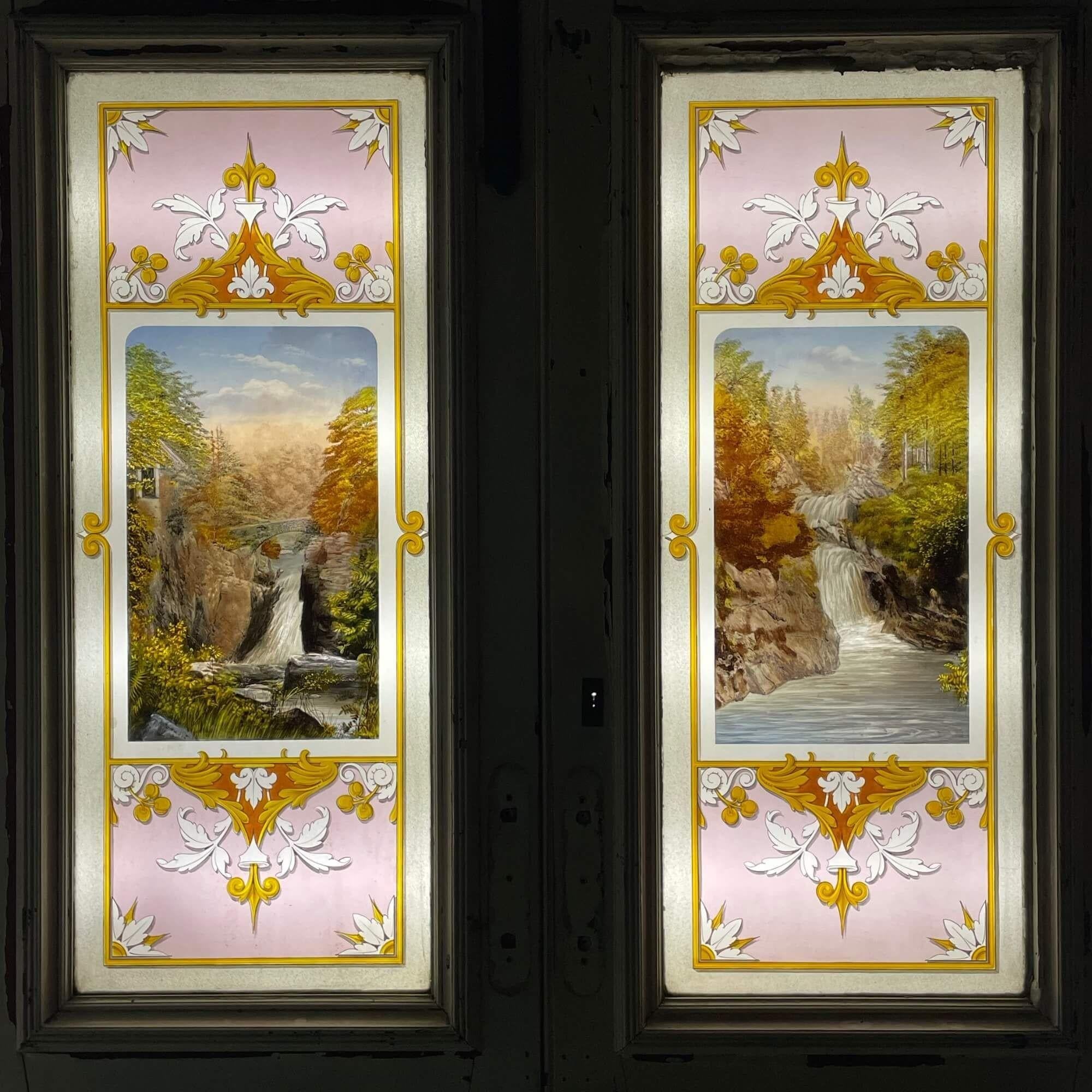 Victorian Set of Handpainted Antique Stained Glass Double Doors For Sale