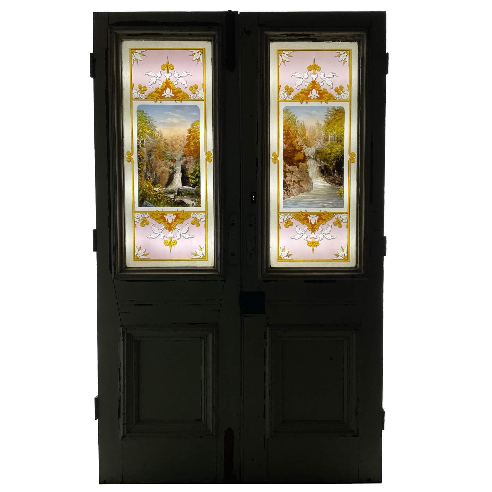 English Set of Handpainted Antique Stained Glass Double Doors For Sale
